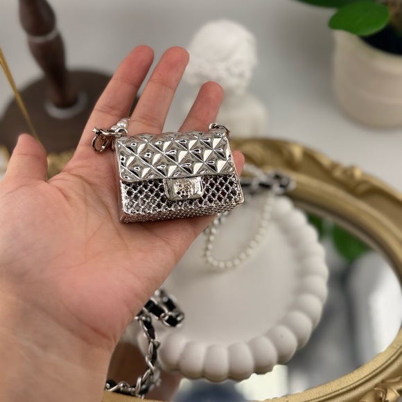 Silver Mini Crossbody Bag with Pearl & Chain Strap ✨ - Picture 10 of 17